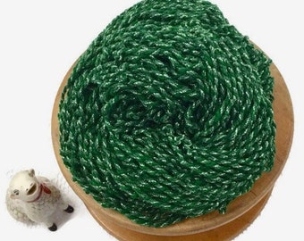 Handspun, 140 yds,  Art Yarn, 3 ply, Glittery Metallic Thread & Green Wool Handspun, Greenery, Christmas, Knitting, Crochet, Weaving Supply