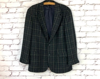 Eddie Bauer, Wool Jacket, Sports Coat, Blazer, Dark Navy Blue, Forest Green Plaid, Mens 44 Tall, Sustainable Fashion!