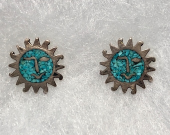 Turquoise Sun Post Earrings, Happy Sun Face, Vintage is Sustainable Jewelry