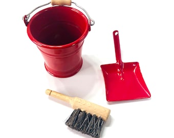 Miniature, Red, Bucket, Dust Pan, Brush, Metal, Wooden, Toy Collection, Mini Toys, Doll Size. Made in Germany