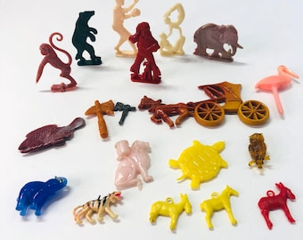 Vintage, Lot of 19, Miniature, Plastic Toy Collection, With Celestial Seasoning Tin, Mini Toys, Miniature , Doll Size, Great Party Favors!