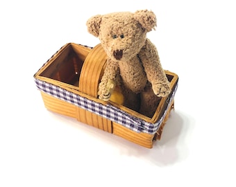 Vintage Cute Miniature, Bear in a Basket, Mini Toy, Doll Size, Small Gift, Made in Germany, Collectible Teddy Bear