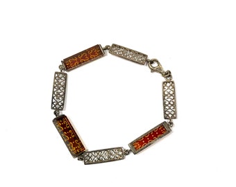 Golden Bronze, Stained Glass  Look, Silver Filigree, Bracelet, Autumn Colors,