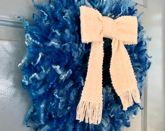 Blue, Wool Fleece Wreath, HANDWOVEN Bow, Sustainable, Reusable, Natural Wool Wreath, Eclectic Home Decor, Sheep Friendly