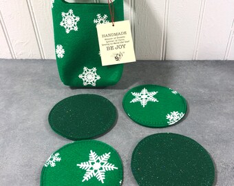 Green Felt Coaster & Gift Bag, Eco-Friendly, Set of 4, Reversible, Snowflake, Mug Rug, Cup Mat, Cottage Decor, Housewarming Gift, Christmas