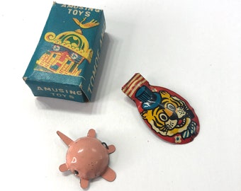 Vintage, Amusing Toys, Cute, Miniature, Metal Rolling, Turtle, & Clicker, Tiger, Metal Toy Collection, with Original Box, Doll Size