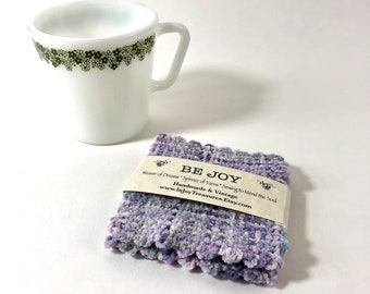 Coaster Set of 4, HANDWOVEN, Purple, Cotton,  Plant Coaster, Hostess Gift, Pin Loom Square, Clothing Patch, Made in USA, Quick Shipping!