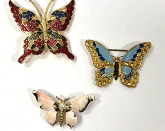 Butterfly Brooch, set of 3, Enamel Pins, Summer Style,  Vintage is Sustainable Jewelry