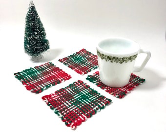 Plaid, Coaster Set of 4, HANDWOVEN, Red, Green, & White, Hostess Gift, Pin Loom, Clothing Patch, Made in USA, Quick Shipping!