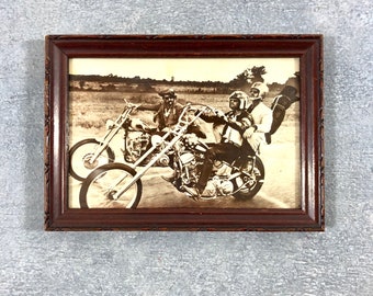 Vintage Postcard, Easy Rider, Chopper Motorcycle, Hippie Culture, Wood Frame with Glass, Man Cave Decor, Gift for Dad!