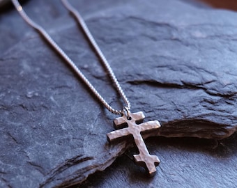 Forged Small Tri Bar Stainless Steel Cross Necklace * Hammered Orthodox Cross Pendant * Christian Gift for Men or Women * Three Bar Cross