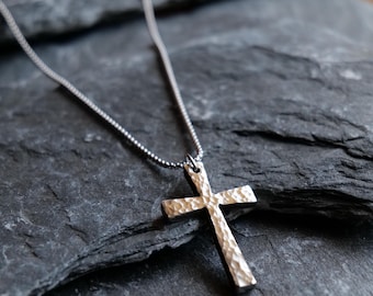 Hand Forged Large Stainless Steel Cross * Hammered Cross Pendant * Christian Gift for Men Women * Cross Necklace * Handmade Tapered Necklace