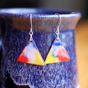 Primary Colors  Short Dangle Earrings Women * Copper Enamel Jewelry* Handmade Earrings * Unique Teacher Earrings *Watercolor Enameled Copper