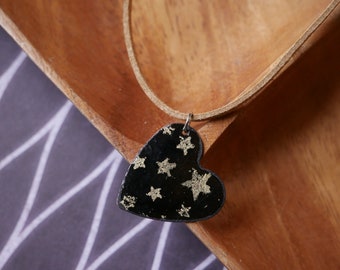 Enameled Copper Heart Necklace * Black Heart Pendant with Stars * 7 Year Anniversary Gift for Women* Handmade Copper Necklace * Love 7th