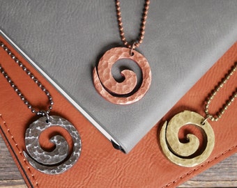 Handmade Spiral Necklace * Brass Copper Steel Swirl Pendant * Wave Surfer Necklace Men * Water Necklace for Men * Hammered Necklace for Him
