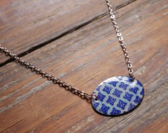 Geometric Pattern Oval Necklace * Geometric Jewelry * Enamel Jewelry * Geometric Pendant * Shapes Jewelry * Handmade Blue Necklace