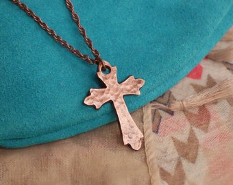 Hand Forged Copper Cross * Hammered Fancy Cross Pendant * Christian Gift for Men or Women * Forged Cross Necklace * Handmade Copper Necklace