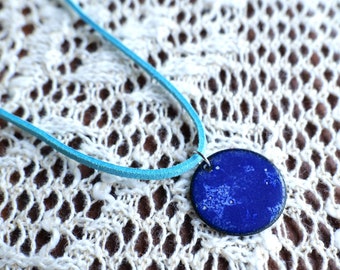 Enameled Copper Circle Star Necklace * Blue Circle Pendant with Stars * 7 Year Anniversary Gift for Women* Handmade Copper Necklace