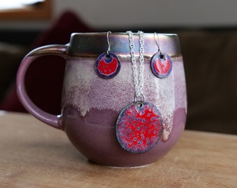 Purple and Red Necklace and Earring Set * Red Hat Ladies Jewelry * Red Hat Society Enameled Jewelry * Hand Enameled Pendant