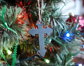 Kreuz Ornament aus Metall für Baum * Christliche Weihnachtsdekoration * Religiöses Geschenk * Fleur De Lis Kreuz Ornament