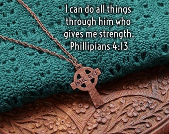 Collar con Filipenses 4:13 * Regalos con versículo bíblico * Joyería con cruz celta cristiana para hombres y mujeres * Todo lo puedo en Cristo que me fortalece