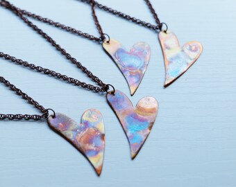 Heart Flame Painted Copper Necklace Pendant * Copper Rainbow Necklace  * 7 Year Anniversary * Copper Jewelry Gifts for Wife * for Women