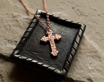 Forged Fleur De Lis Cross Necklace * Forged Raw Copper Cross * Hammered Cross Pendant * Christian Gift for Men or Women * Copper Necklace