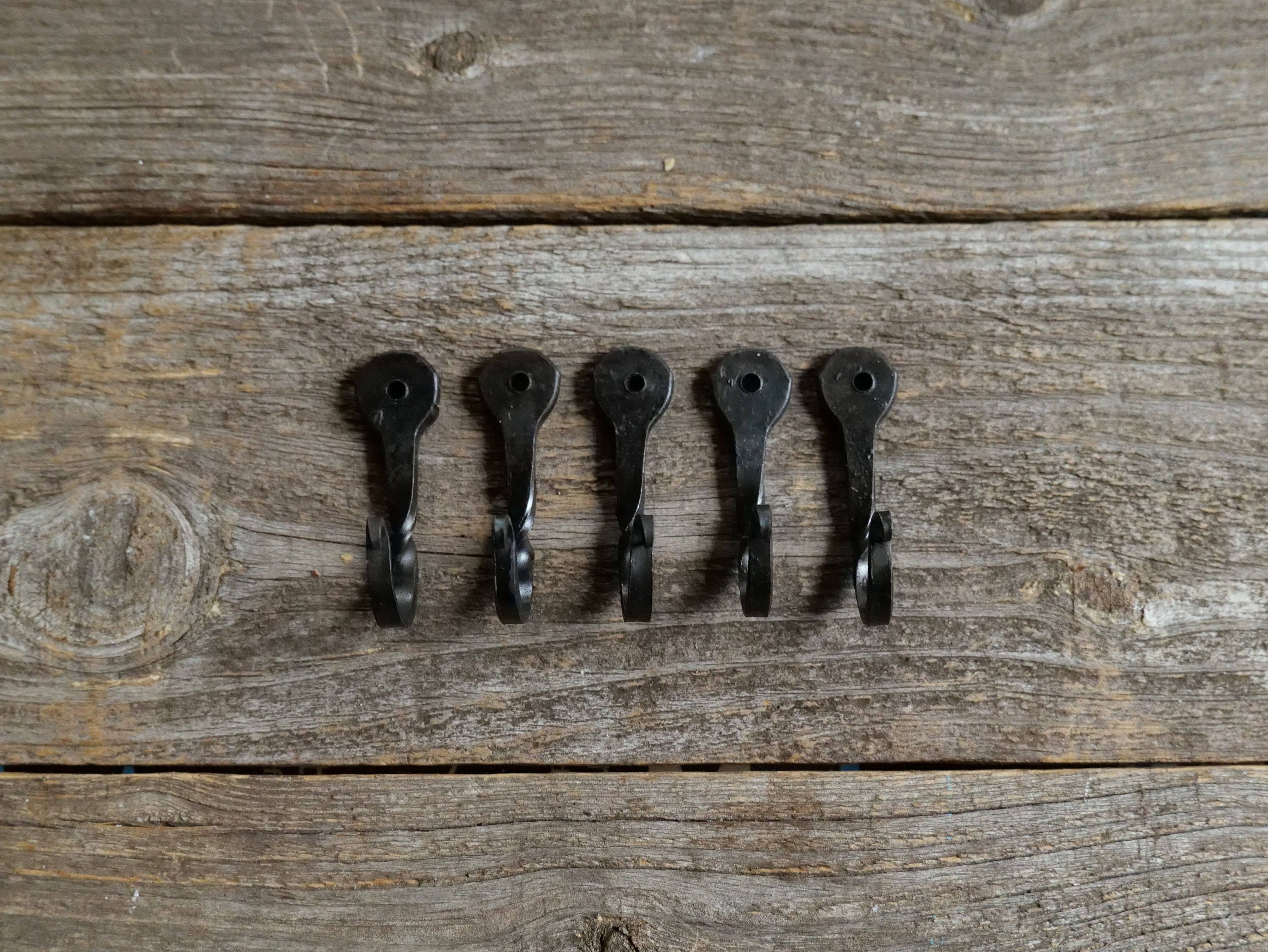 5 Medium 2 Black Decorative Metal Wall Hooks Hand Forged Small