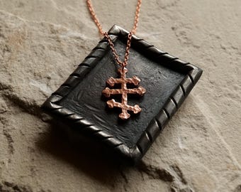 Forged Tri Bar Raw Copper Cross Necklace * Orthodox Cross Pendant * Byzantine Catholic Jewelry * Forged Three Bar Cross Necklace