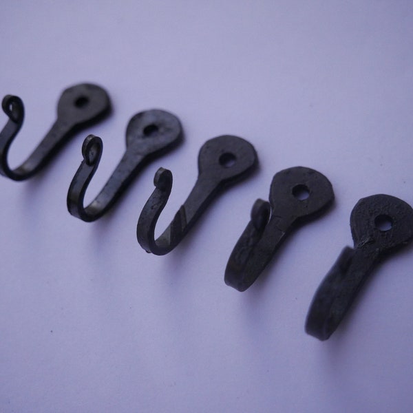 5 Small 1-1/4" Not Twisted Decorative Black Metal Wall Hooks 1 1/4” Hook Blacksmith Made for keys, jewelry organizer, purse, necklace