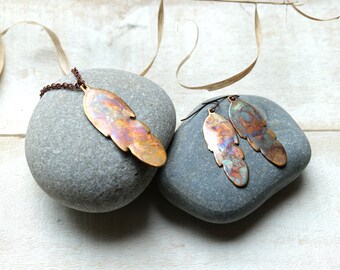 Feather Necklace & Feather Earrings * Flame Painted Copper Jewelry Set * Copper Boho Jewelry * 7 Year Anniversary * Hypoallergenic Earrings