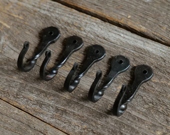 5 Medium 2" Black Decorative Metal Wall Hooks Hand Forged Small Blacksmith Made for jewelry, coats, towels, keys