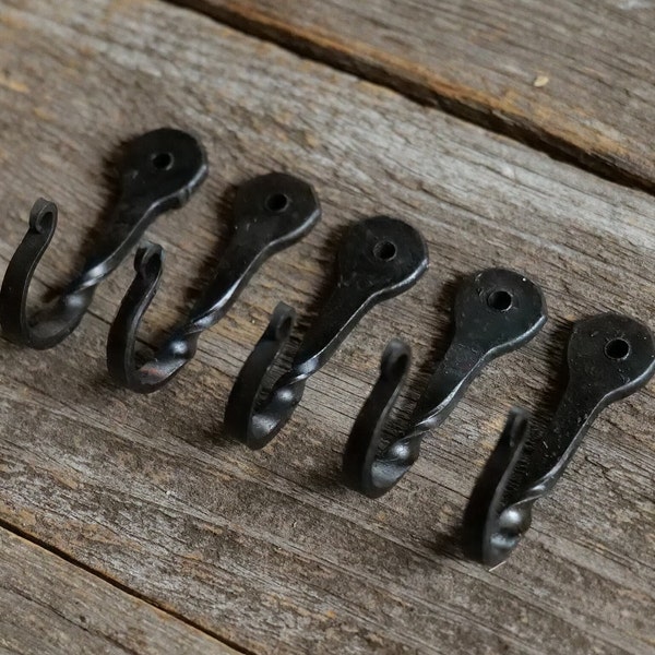 5 Medium 2" Black Decorative Metal Wall Hooks Hand Forged Small Blacksmith Made for jewelry, coats, towels, keys