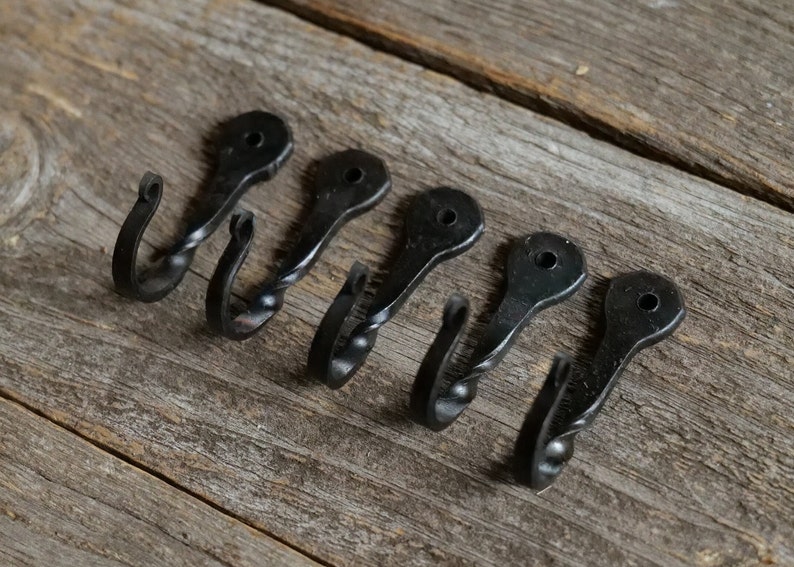 5 Medium 2 Black Decorative Metal Wall Hooks Hand Forged Small Blacksmith Made for jewelry, coats, towels, keys image 1