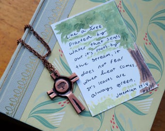 Copper Tree Cross Necklace *Jeremiah 17: 8 * Tree of Life Pendant * Bible Verse Gifts * Christian Jewelry for Men for Women * Cross Necklace