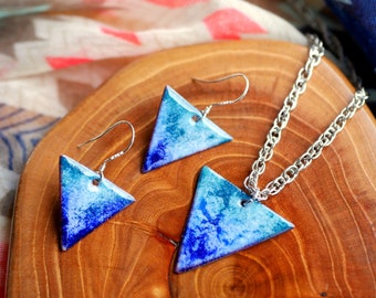 Triangle Necklace and Earring Set * Blue Green Enameled Jewelry * Copper Enamel Jewelry *Handmade Pendant * Hand Enameled Pendant