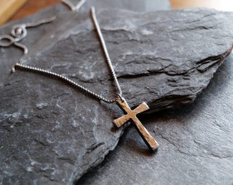 Forged Medium Stainless Steel Cross * Hammered Cross Pendant * Christian Gift for Men Women * Forged Cross Necklace * Tapered Necklace