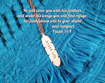 Collar del Salmo 91:4 * Collar de plumas * Regalos con versículos bíblicos * Joyería cristiana para hombres y mujeres Bajo sus alas encontrarás refugio