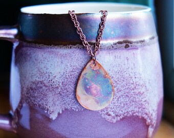 Teardrop Flame Painted Copper Necklace Pendant * Copper Rainbow Necklace  * 7 Year Anniversary * Copper Jewelry Gifts for Wife * for Women