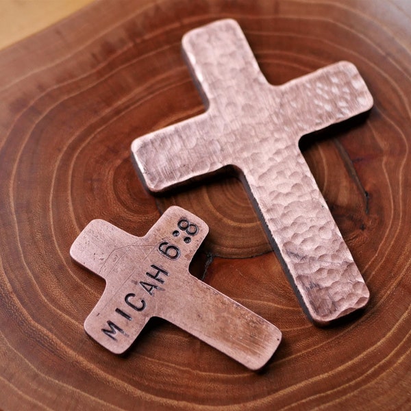 Hand Forged Copper Cross * Hammered Pocket Cross * Small Cross * Personalized Cross with Bible Verse * Christian Gift for Men or Women