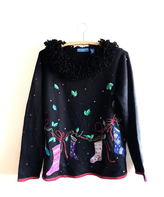 Vintage Christmas Sweater / Embroidered / Ugly Swe
