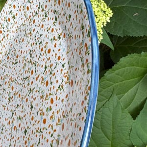 Może przedstawiać: Biały ceramiczny talerz z niebieską obw&oacute;dką. Powierzchnia talerza pokryta jest wzorem małych pomarańczowych, zielonych i niebieskich kształt&oacute;w przypominających kwiaty. Talerz jest częściowo widoczny.