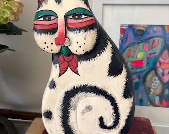 Vintage Hand-Painted Wooden Cat Sculpture – Folk Art Black White Figurine – Boho Home Decor