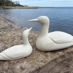 Può includere: Due statuette di anatra in ceramica bianca, una grande e una piccola, sono esposte su una superficie di pietra grigia e ruvida. Le anatre hanno corpi lisci e arrotondati e colli lunghi, con un lago e un cielo sereno sullo sfondo.