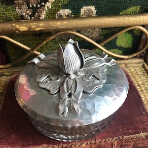 Mid-Century Vintage Handmade Hand Wrought Creations by Rodney Kent – Artisan Hammered Aluminum Lid and Serving Glass Dish- Flower Design