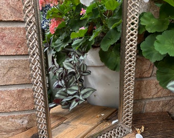 Elegant Hollywood Regency Metal and Glass Mirror Tray - Gold Filigree Edge - Vanity and Decorative Footed Tray, Bathroom Decor