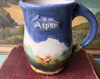 Vintage Aspen Studio Pottery Mugs – Rustic Mountain Blue Glaze Coffee Mugs - Set of 2