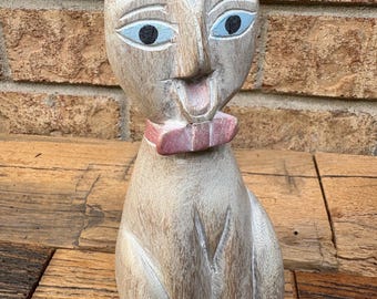 Hand-Carved Wooden Cat Sculpture – Folk Art Siamese Style Figurine (7.5" Tall)