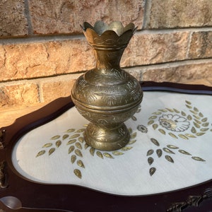 CLEARANCE Vintage Wood Gold Flowers Embroidered Linen Brass Handled Serving/Vanity Tray 18”x 12”- Victorian style tray