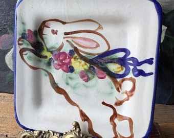Vintage Clouds Folsom Studio Pottery Rabbit Plate – Signed 2007 Easter Bunny, Spring Bunny Decor